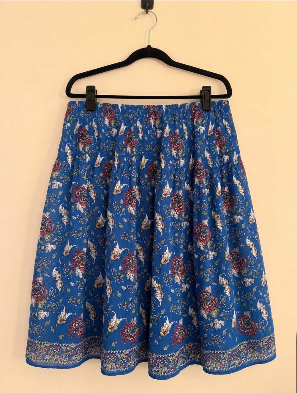Max Studio Blue Floral Print Smocked Elastic Waist Pleated A-Line Skirt  Small